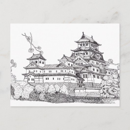 Osaka Castle Japan Black White Illustration Briefkaart (Voorkant)