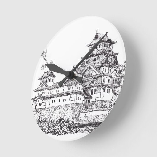 Osaka Castle Japan Black White Illustration Ronde Klok (Hoek)