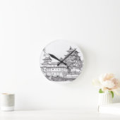 Osaka Castle Japan Black White Illustration Ronde Klok (Huis)