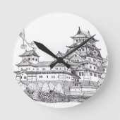 Osaka Castle Japan Black White Illustration Ronde Klok (Voorkant)