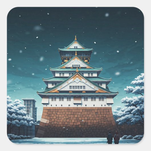 Osaka Castle Japan Nachtreizen Vierkante Sticker (Voorkant)