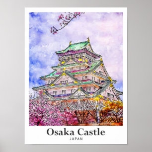 Osaka Castle Japan Travel Waterverf met de hand ge Poster