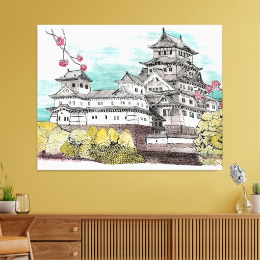 Osaka Castle Japan Waterverf Illustratie Canvas Afdruk (Insitu (Woonkamer))
