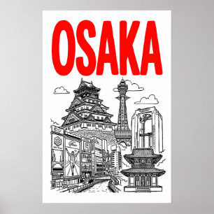 Osaka City Print Vetgedrukte Typografie en Landmar
