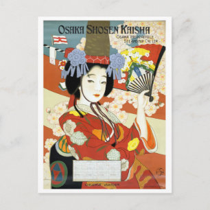 Osaka, Japan, geisha met waaier, vintage reis Briefkaart
