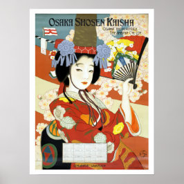 Osaka, Japan, geisha met waaier, vintage reis Poster