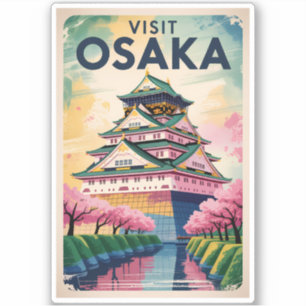 Osaka Japan Kasteel Illustratie Reis Kunst Vintage Sticker