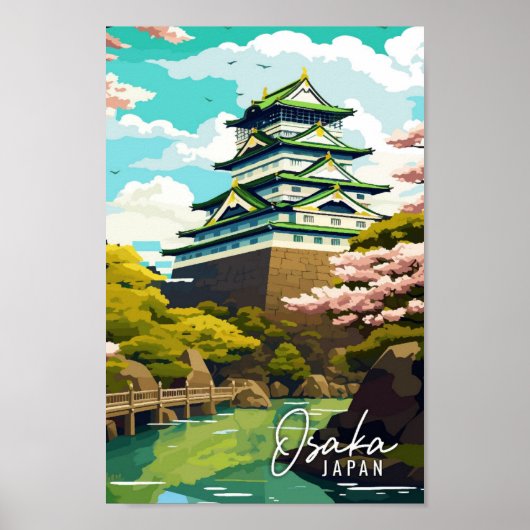 Osaka Japan vintage reizen kunst illustratie Poster (Voorkant)