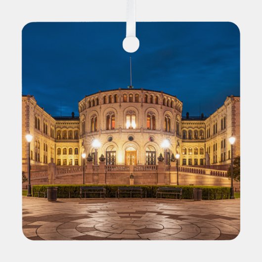 Oslo-gebouw in Noorwegen 's nachts Metalen Ornament (Voorkant)