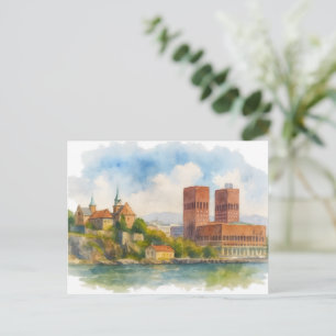 Oslo Noorwegen Aquarel Kunstkaart, Stadsgezicht  Briefkaart