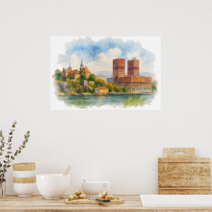Oslo Noorwegen Aquarel Kunstposter, Scandinavisch  Poster