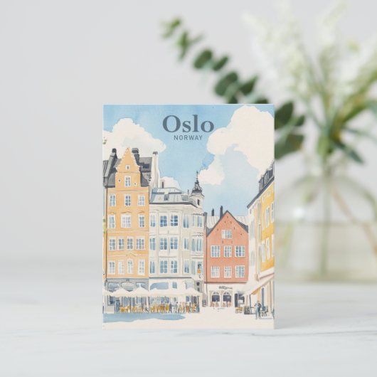 Oslo Noorwegen Gouache Schilderillustratie Reizen Briefkaart (Staand voorkant)