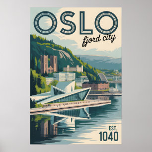 Oslo Noorwegen Skyline Retro Stadsgezicht Reizen Poster