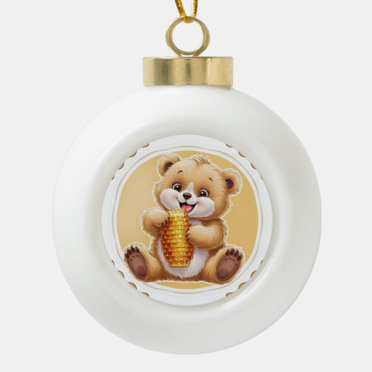 oso comiendo miel keramische bal ornament (Voorkant)