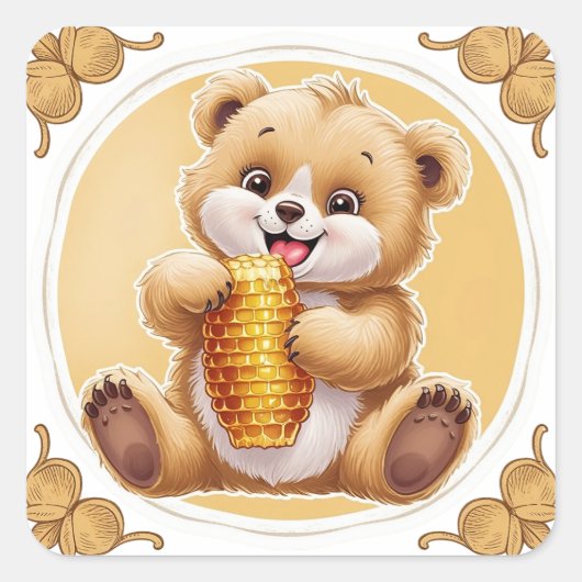 oso comiendo miel vierkante sticker (Voorkant)