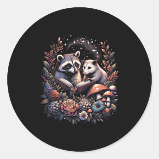 Ossum Racoon Floral Book Lover Cottagecore Fairyco Ronde Sticker