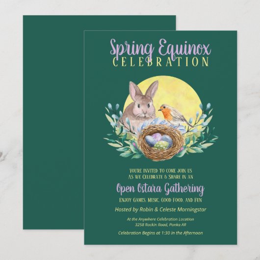 Ostara Spring Equinox Bunny & Bird Nest Green Kaart (Voorkant / Achterkant)