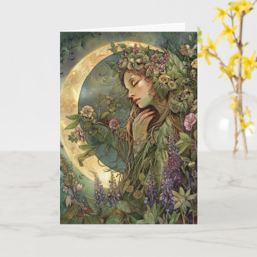 Ostara-wenskaart met wassende maan kaart (Gele Bloem)