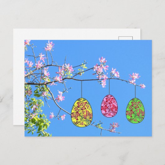 Ostereier auf einem blühenden Zweig Feestdagenkaart (Voorkant / Achterkant)
