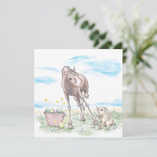Osterkarte mit Pferd und Osterhase, süsse Tiere  Feestdagenkaart (Staand voorkant)