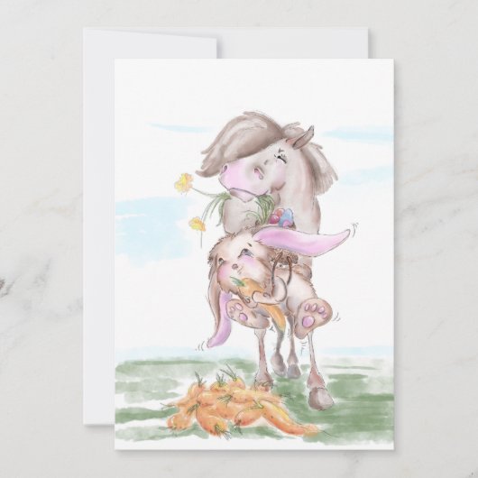 Osterkarte mit süssem Hasen und Pferd Feestdagenkaart (Voorkant)