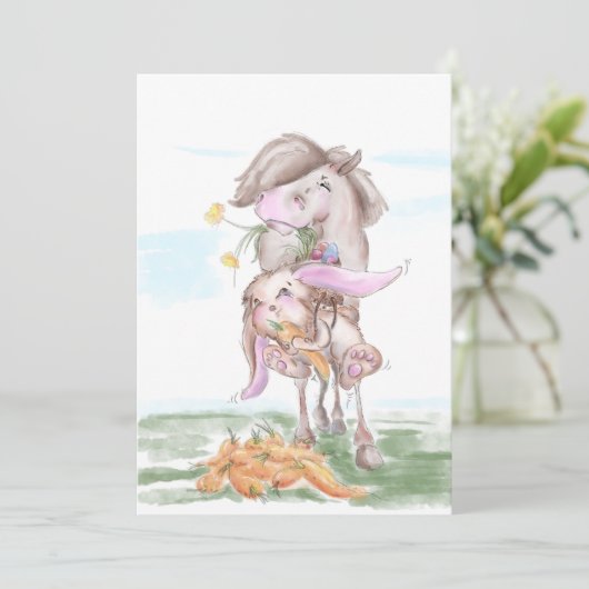 Osterkarte mit süssem Hasen und Pferd Feestdagenkaart (Staand voorkant)