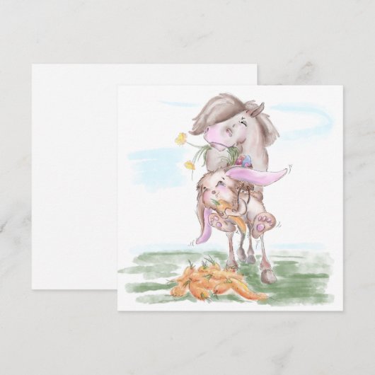 Osterkarte mit süssem Hasen und Pferd Feestdagenkaart (Voorkant / Achterkant)