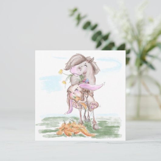 Osterkarte mit süssem Hasen und Pferd Feestdagenkaart (Staand voorkant)