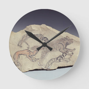 Ostracon met een hond die een hyena achtervolgt (l ronde klok