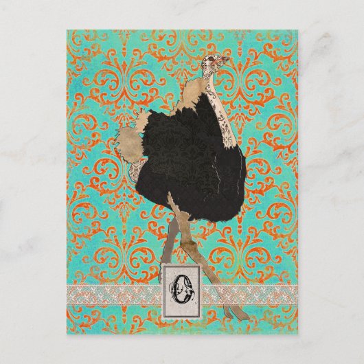  Ostrich Monogram Briefkaart (Voorkant)