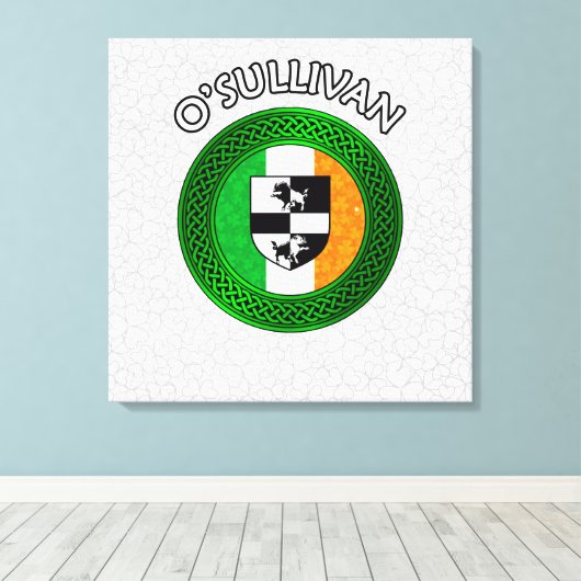 O'Sullivan Crest & Celtic Knot op Shamrock Canvas Afdruk (Insitu (Houten vloer))