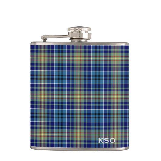 O'Sullivan Tartan Monogram Blauw en Groen Plaid Heupfles (Voorkant)
