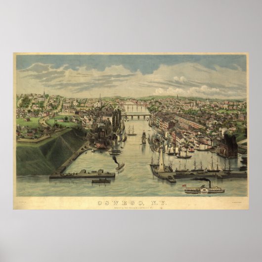 Oswego New York 1855 Antiek Panorama Poster (Voorkant)