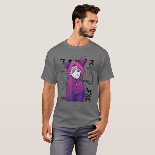 Otaku 90s verkuilt Anime Girl met Fox Ears Japan C T-shirt (Voorkant volledig)
