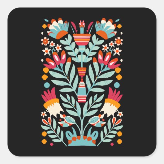 Otomi bloemenpatroon Mexicaanse bloemkunst Vierkante Sticker (Voorkant)