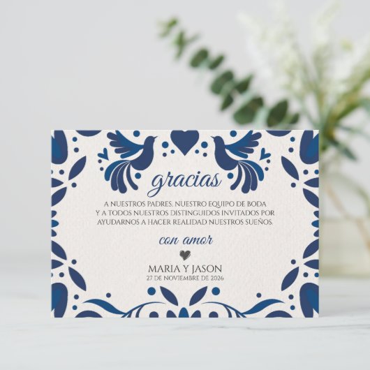 Otomi Blue Floral Elegant Fiesta Spanish Wedding Bedankkaart (Staand voorkant)