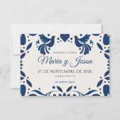 Otomi Blue Floral Elegant Fiesta Spanish Wedding Save The Date (Voorkant)