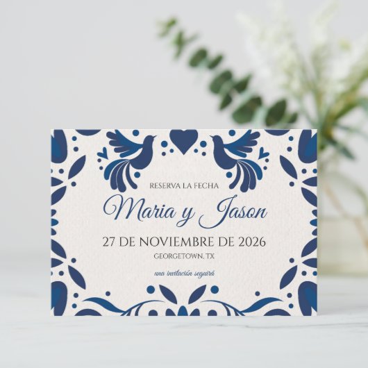 Otomi Blue Floral Elegant Fiesta Spanish Wedding Save The Date (Staand voorkant)