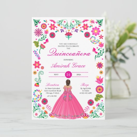Otomi Borduurwerk Prinses Quinceañera Uitnodiging (Staand voorkant)