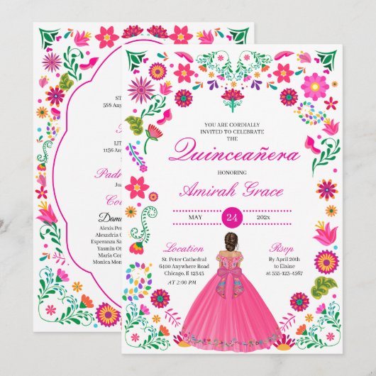 Otomi Borduurwerk Prinses Quinceañera Uitnodiging (Voorkant / Achterkant)