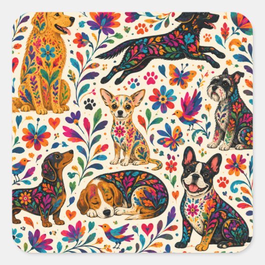 Otomi Kunst Hond Vierkante Sticker (Voorkant)