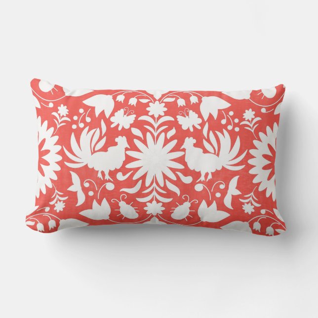 Otomi Print, Coral & White Boho Lumbar Pillow Kussen (Voorkant)