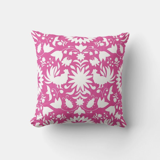 Otomi Print, helder roze en wit Boho Sierkussen (Voorkant)