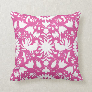 Otomi Print, helder roze en wit Boho Sierkussen