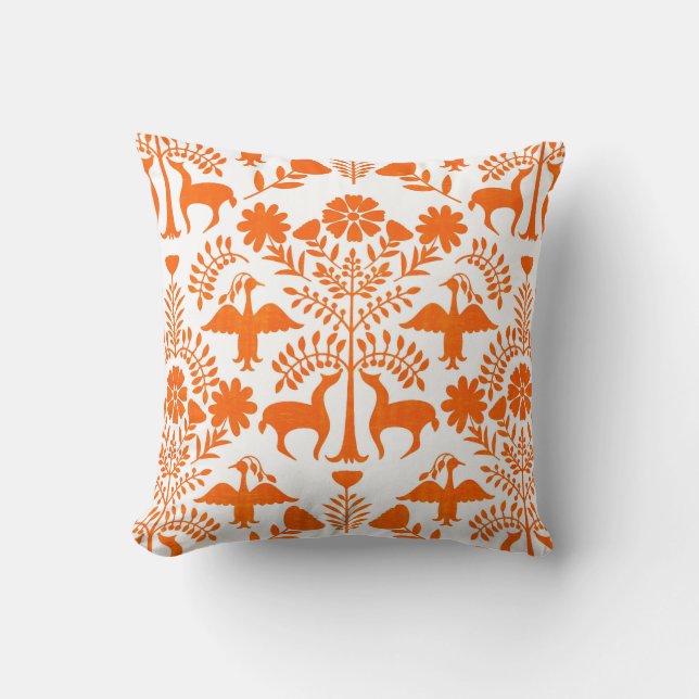 Otomi print, wit & oranje boho kussensloop kussen (Voorkant)