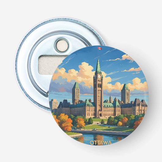 Ottawa Canada Parlement Gebouw, Stads Silhouet Button Flesopener (Voorkant)