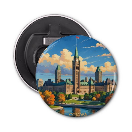 Ottawa Canada Parliament Building, City Skyline Button Flesopener (Voorkant)