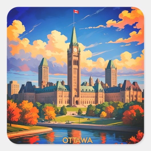 Ottawa Canada Parliament Building, City Skyline Vierkante Sticker (Voorkant)