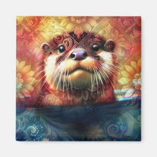 Otter Abstract Bloemen Blauwgroen Sinaasappel Rood Magneet
