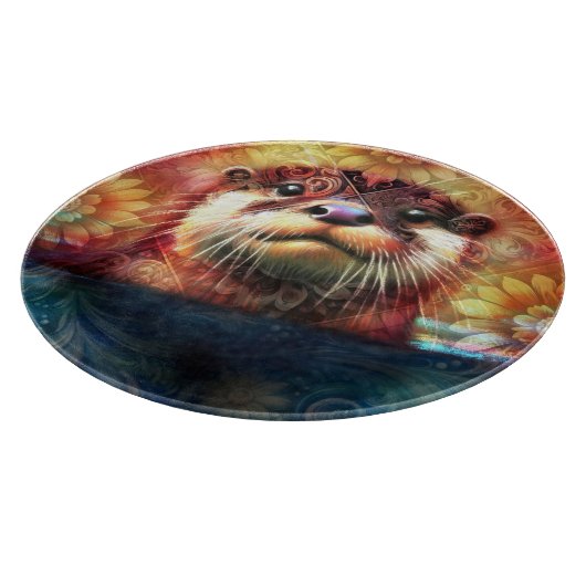 Otter Abstract Bloemen Blauwgroen Sinaasappel Rood Snijplank (Hoek)